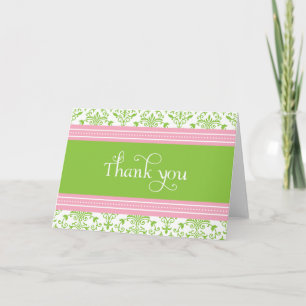 Het elegante Roze & Groene Damast dankt u kaardt Bedankkaart