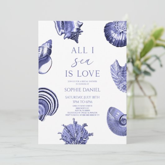 Het enige wat ik Zee is Love Blue Seashells Vrijge Kaart (Staand voorkant)