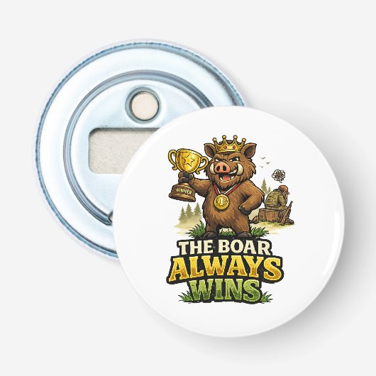 Het everzwijn wint altijd button flesopener (Voorkant)