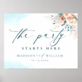 Het feest begint hier Blue Beach bruiloft Poster (Voorkant)