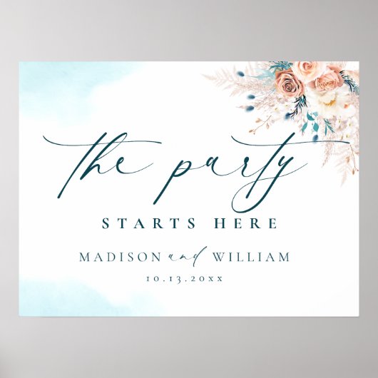 Het feest begint hier Blue Beach bruiloft Poster (Voorkant)