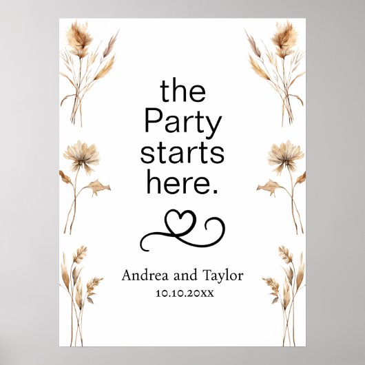 Het feest begint hier Pampas Grass Wedding Poster (Voorkant)