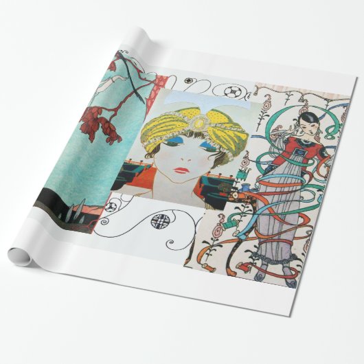 HET FLIGHTY BIRD ,ART DECO BEAUTY MODE KOSTUUM CADEAUPAPIER (Uitgerold)