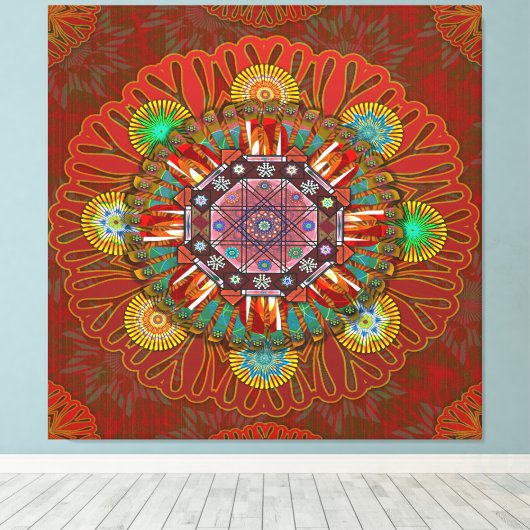 Het Floral Red van Squire Manipur Mandala Canvas Afdruk (Insitu (Houten vloer))