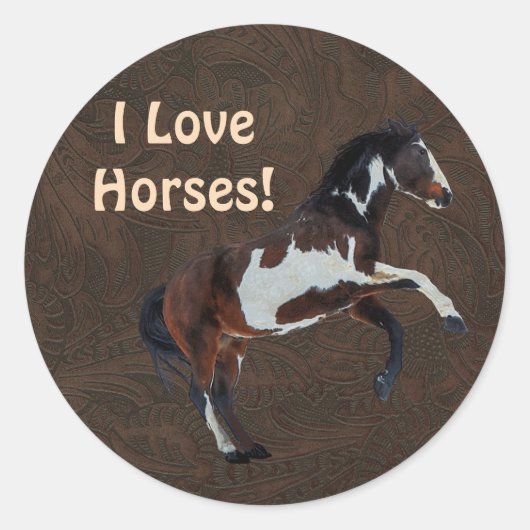 Het fokken van Pinto Stallion Horse op faux Leathe Ronde Sticker (Voorkant)
