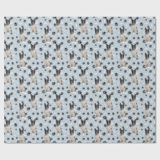 Het Franse Bulldog Paw Print Pattern op Silver Blu Cadeaupapier (Vlak)