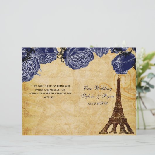 Het Franse Eiffel Tower navy vouded Wedding Progra (Staand voorkant)