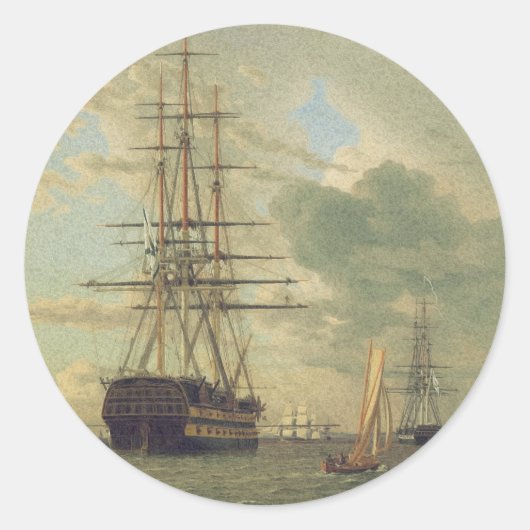 Het fregat op de rede voor anker ronde sticker (Voorkant)