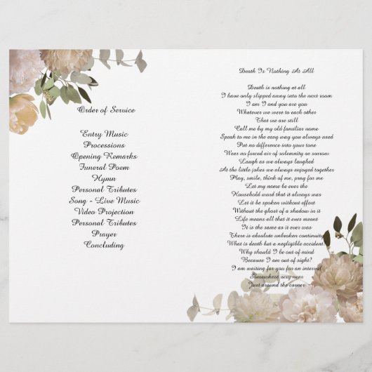 Het Funeral-programma van BiFold Cream Tan Peony Flyer (Achterkant)