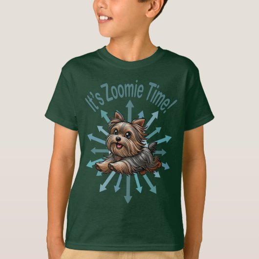 Het gaat om de Zoomie Time Yorkshire Terrier T-shirt (Voorkant)