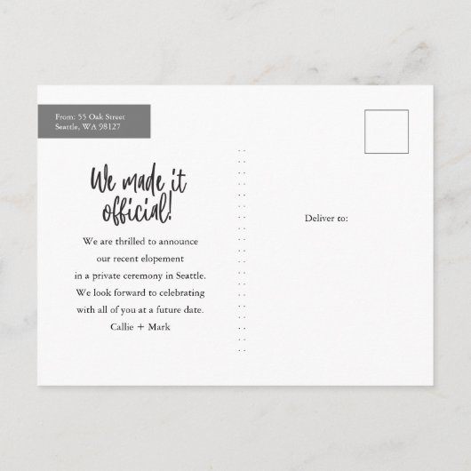 Het gaat over Time Elopement Foto Aankondiging (Achterkant)