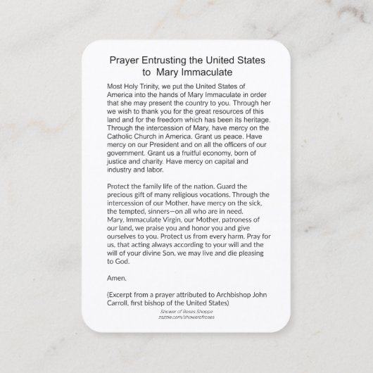 Het gebed dat de VS toevertrouwt aan Mary Immacula Visitekaartje (Achterkant)