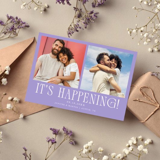 Het gebeurt 2-foto lila bruiloft save the date
