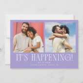 Het gebeurt 2-foto lila bruiloft save the date (Voorkant)