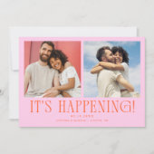 Het gebeurt 2-foto oranje roze bruiloft save the date (Voorkant)