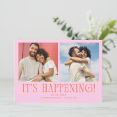 Het gebeurt 2-foto oranje roze bruiloft save the date (Staand voorkant)