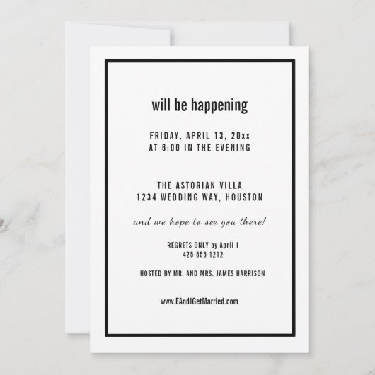 Het gebeurt minimalistisch foto repetitie diner kaart (Achterkant)