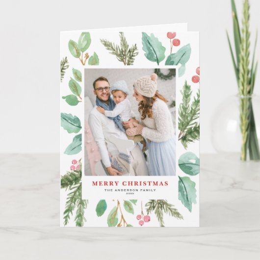 Het Gebladerte van Kerstmis van de waterverf & de Feestdagen Kaart (Voorkant)