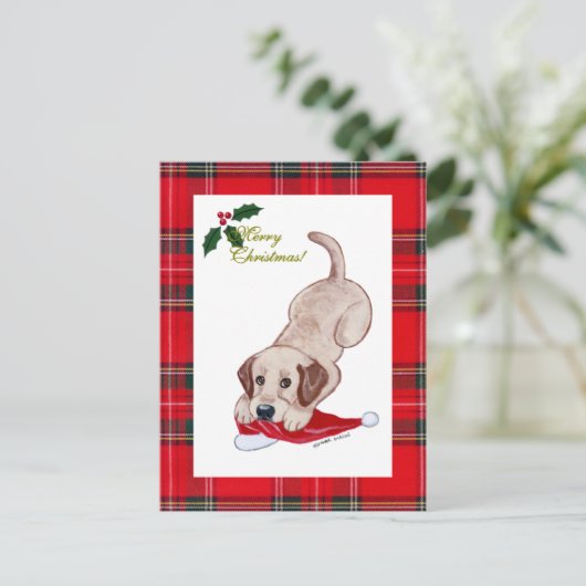 Het gele Geruite Schotse wollen stof van het Pet Feestdagenkaart (Staand voorkant)