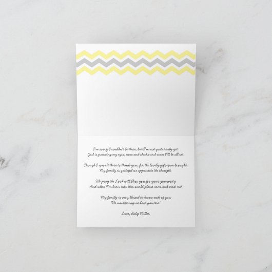 Het gele Grijze Baby shower van de Chevron dankt u Bedankkaart (Binnen)