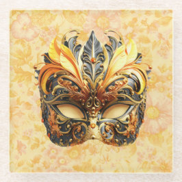 Het gele veermasker op bloemmotief glazen onderzetter