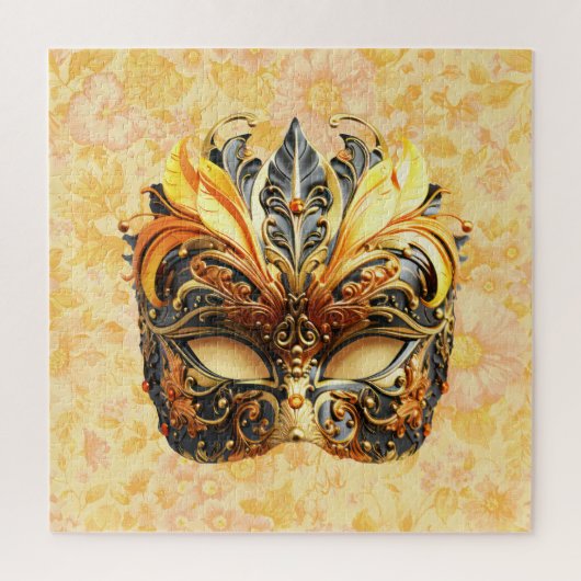Het gele veermasker op bloemmotief legpuzzel (Verticaal)