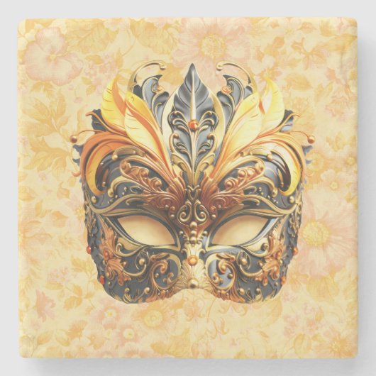 Het gele veermasker op bloemmotief stenen onderzetter (Voorkant)