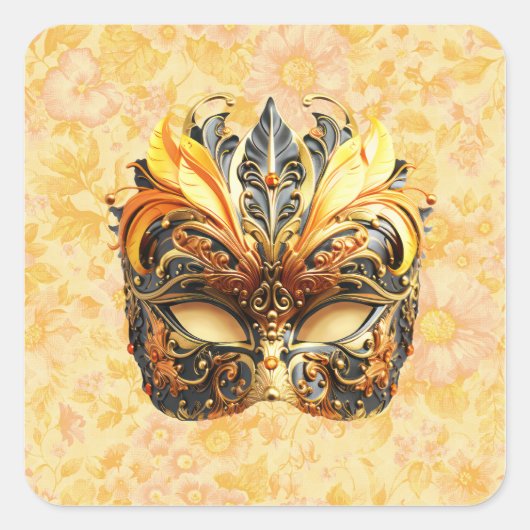 Het gele veermasker op bloemmotief vierkante sticker (Voorkant)