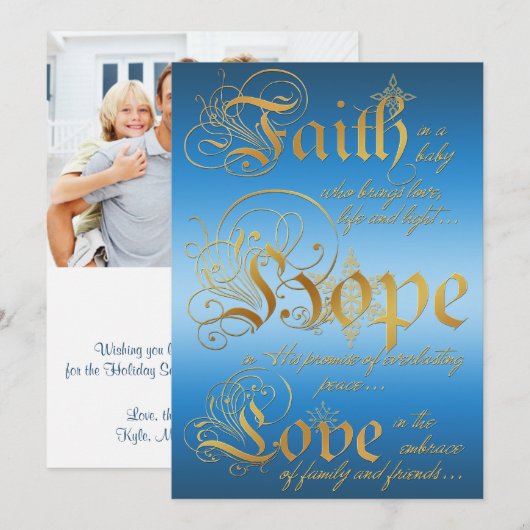 Het geloof, Hoop, houdt van de Blauwe, Gouden Feestdagenkaart (Voorkant / Achterkant)