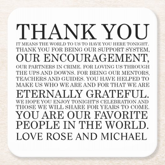 Het gepersonaliseerde Huwelijk dankt u Kartonnen Onderzetters (Voorkant)