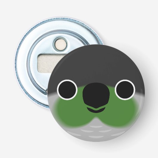 Het gezicht van een groene wang parkiet button flesopener (Voorkant)