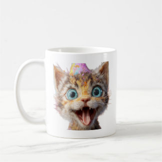 het gezicht van een katje bevroren in pure derp-mo koffiemok