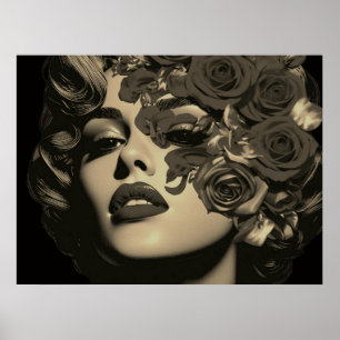 Het Gezicht Van een Vrouw in Bloemen op een Muurpo Poster