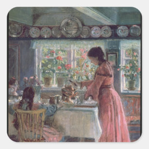 Het gieten van de koffie van Morning, 1906 Vierkante Sticker