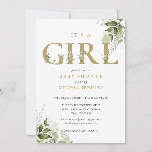 Het Girl Botanical Gold Letter-Baby shower Kaart (Voorkant)