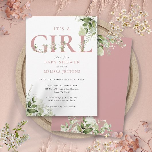Het Girl Greenery Dusty Roos Letter Baby shower Kaart