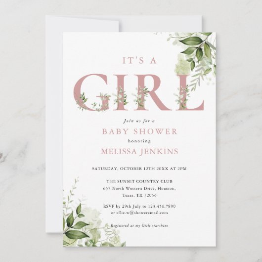 Het Girl Greenery Dusty Roos Letter Baby shower Kaart (Voorkant)