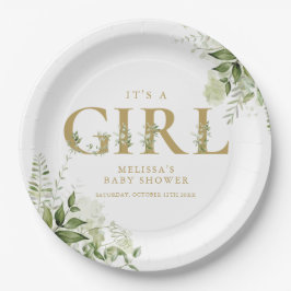 Het 'Girl Greenery Gold Letter'-Baby shower Papieren Bordje