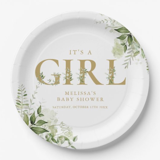 Het 'Girl Greenery Gold Letter'-Baby shower Papieren Bordje (Voorkant)