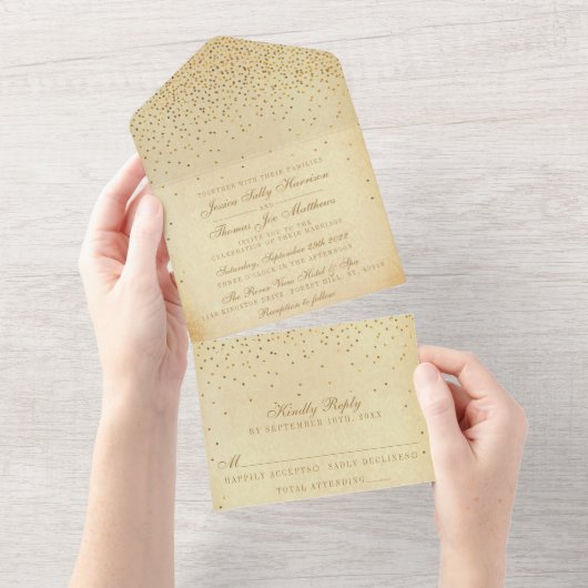 Het Glam Gold Confetti Wedding Collectie All In One Uitnodiging (Afscheurbaar)