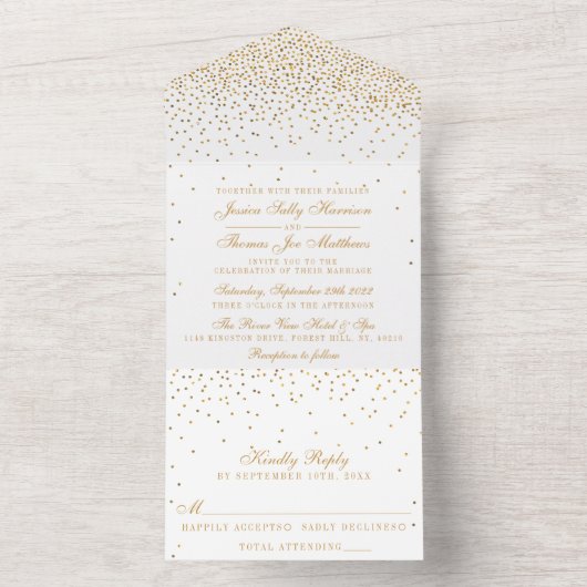 Het Glam Gold Confetti Wedding Collectie All In One Uitnodiging (Binnen)