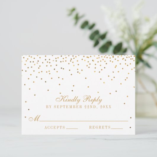 Het  Glam Gold Confetti Wedding Collectie RSVP Kaartje (Staand voorkant)