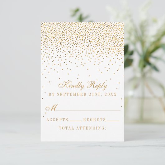 Het  Glam Gold Confetti Wedding Collectie RSVP Kaartje (Staand voorkant)