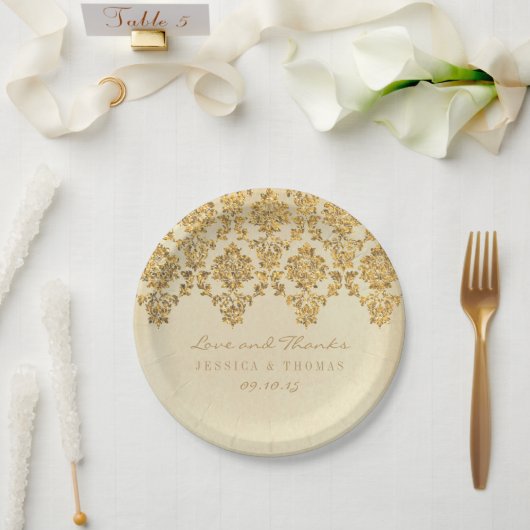 Het  Glam Gold Damask Wedding Collectie Papieren Bordje (Huwelijk)