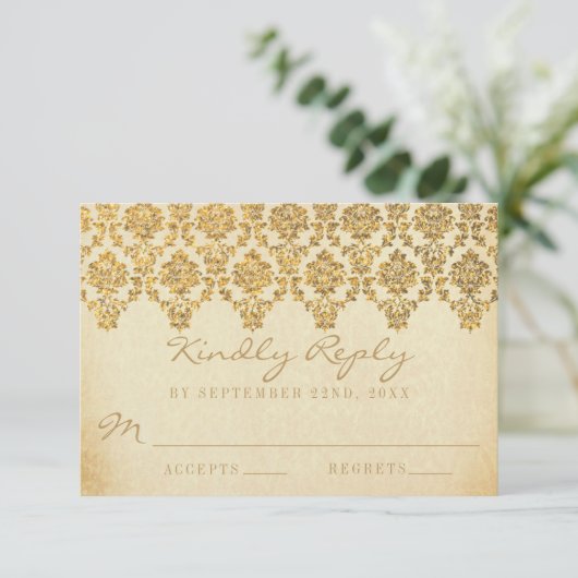 Het  Glam Gold Damask Wedding Collectie RSVP Kaartje (Staand voorkant)