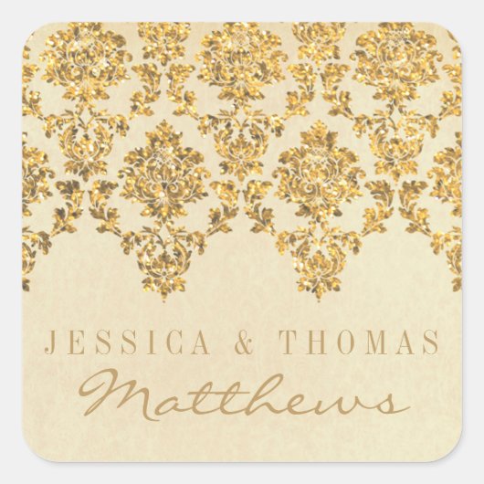 Het Glam Gold Damask Wedding Collectie Vierkante Sticker (Voorkant)