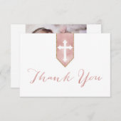 Het glanzend Blush Roos Script Baptisme Cross Dank Bedankkaart (Voorkant / Achterkant)