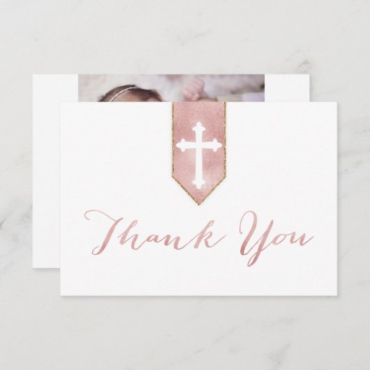 Het glanzend Blush Roos Script Baptisme Cross Dank Bedankkaart (Voorkant / Achterkant)