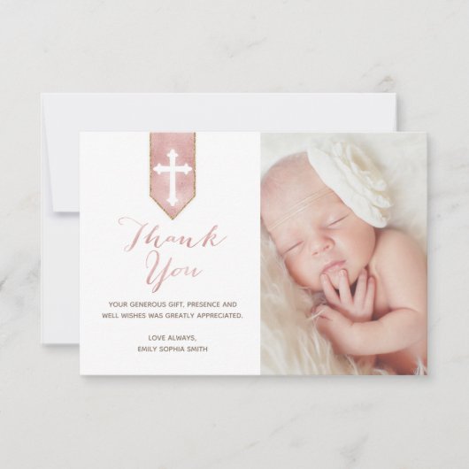 Het glanzend Blush Roos Script Baptisme Dank je fo Bedankkaart (Voorkant)