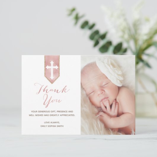 Het glanzend Blush Roos Script Baptisme Dank je fo Bedankkaart (Staand voorkant)